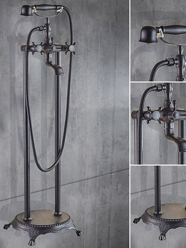 Bathtub Faucet Floor Mounted, Brass Retro Style Telephone Shape Brass Electroplated Finish Two Handles Two Holes Shower Faucet with Handshower and Drain