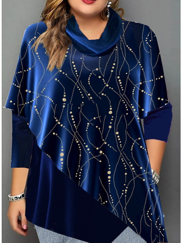 Blouse Blue Graphic Ruched Print 3/4 Length Sleeve Vacation Going out Elegant Holiday Crew Neck Velvet Plus Size L for Women