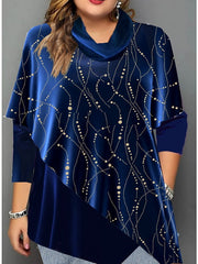 Blouse Blue Graphic Ruched Print 3/4 Length Sleeve Vacation Going out Elegant Holiday Crew Neck Velvet Plus Size L for Women