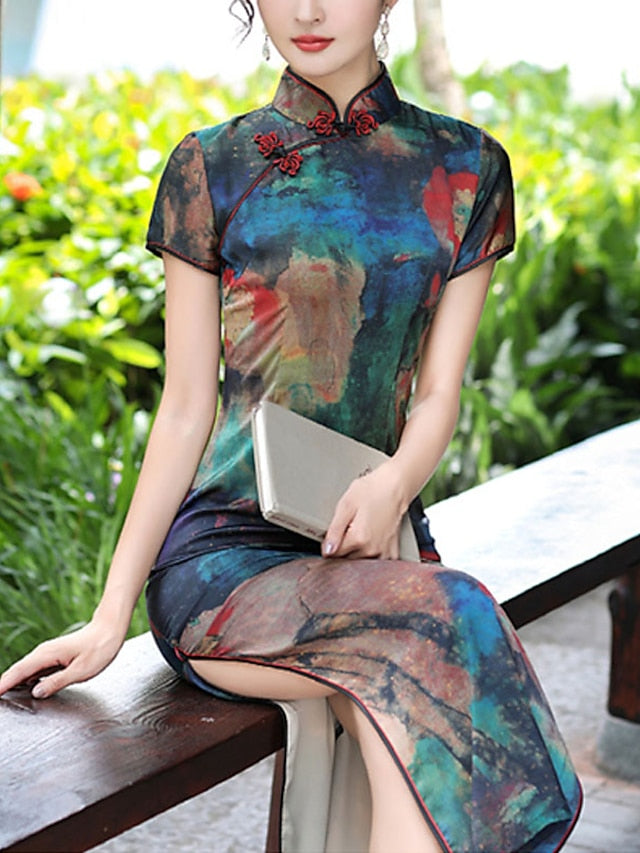 Bodycon Sheath Dress Cheongsam Dress Midi Dress Red Blue Gold Short Sleeve Floral Split Spring Summer Stand Collar Elegant Weekend  M L XL XXL 3XL 4XL 5XL for Women