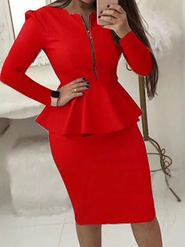 Bodycon Sheath Dress Church Dress Midi Dress Black Yellow Red Long Sleeve Pure Color Ruffle Winter Fall Autumn Crew Neck Work Winter Dress Weekend Fall Dress  S M L XL XXL for Women