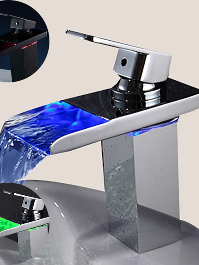 Bathroom Sink Faucet with Supply Hose,LED Waterfall Spout Single Handle Single Hole Vessel Lavatory Faucet,Slanted Body Basin Mixer Tap