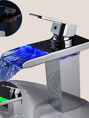 Bathroom Sink Faucet with Supply Hose,LED Waterfall Spout Single Handle Single Hole Vessel Lavatory Faucet,Slanted Body Basin Mixer Tap