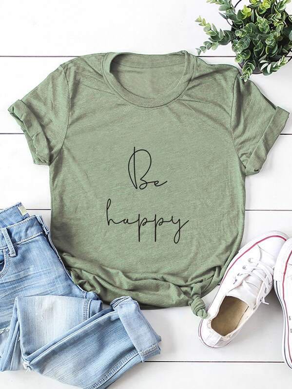 Be Happy Slogan Graphic Short Sleeve Tee for Women