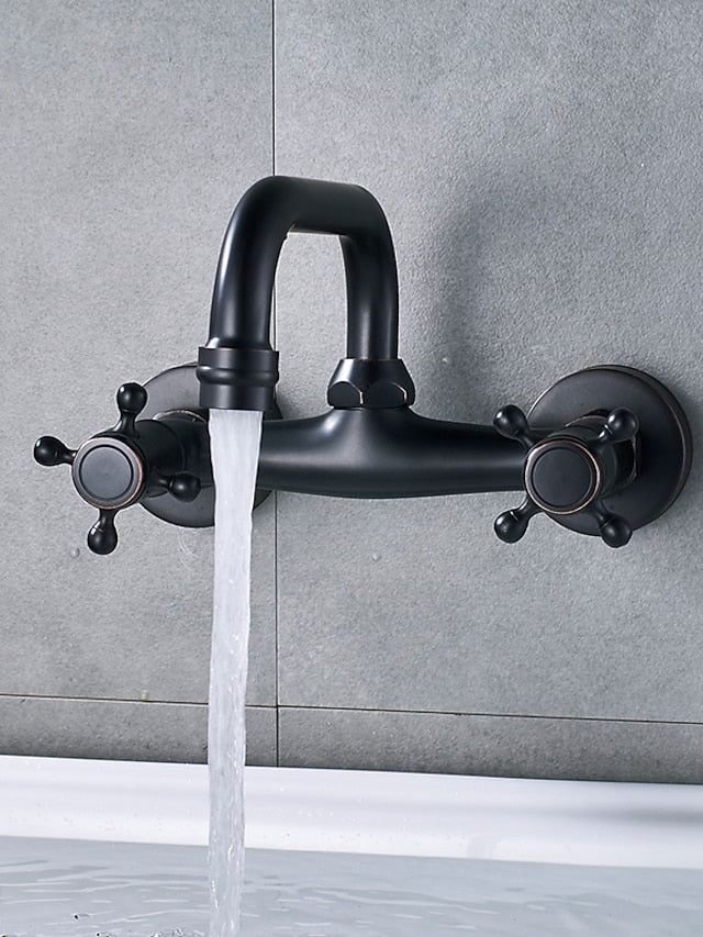 Bathroom Sink Mixer Faucet Wall Mount, Vintage 2 Handle 3 Holes Basin Taps with Cold Hot Water Hose, Washroom Mono Basin Vessel Taps Deck Mounted Oil-rubbed Bronze