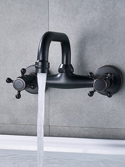 Bathroom Sink Mixer Faucet Wall Mount, Vintage 2 Handle 3 Holes Basin Taps with Cold Hot Water Hose, Washroom Mono Basin Vessel Taps Deck Mounted Oil-rubbed Bronze