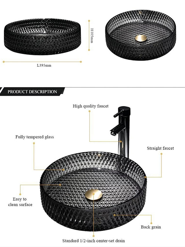 Bathroom Vessel Sink with Chrome Faucet,Wash Basin Glass Countertop Cylinder Wash Basin Hand Washbasin Worktop Installation Glass Basin Set with Chrome Brass Tap