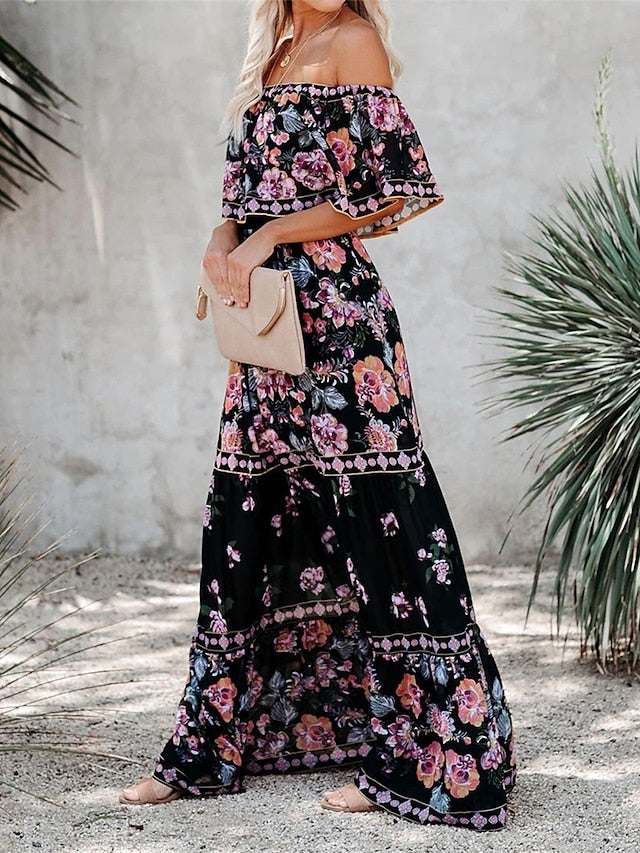 Boho Dress Beach Dress Beach Wear Long Dress Maxi Dress Ruffle Print Boho Casual Floral Off Shoulder Short Sleeve Loose Fit Outdoor Daily Black White  Spring Summer S M L XL for Women