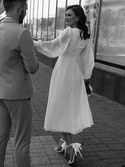Bridal Shower Little White Dresses Wedding Dresses Ankle Length A-Line Long Sleeve V Neck Chiffon With Solid Color  Bridal Gowns