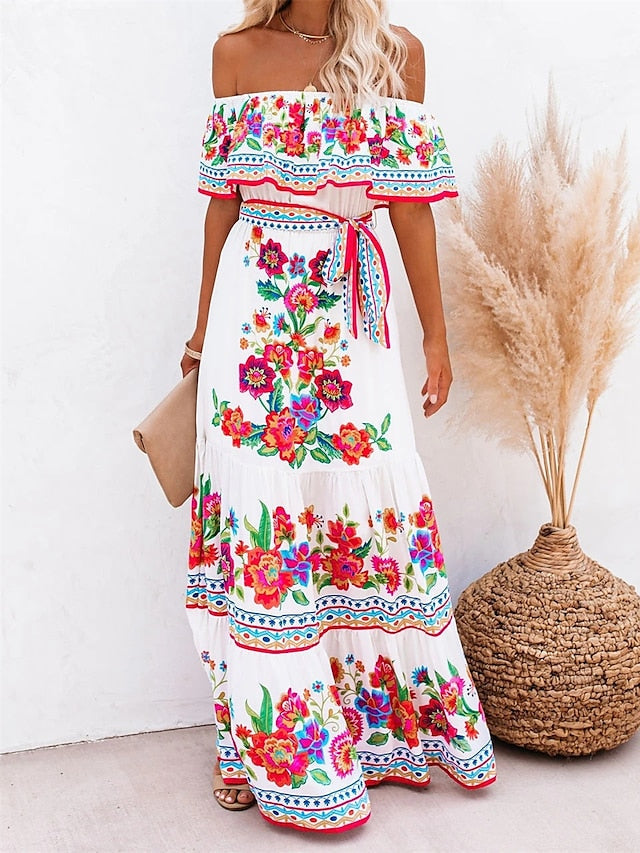 Boho Dress Beach Dress Beach Wear Long Dress Maxi Dress Ruffle Print Boho Casual Floral Off Shoulder Short Sleeve Loose Fit Outdoor Daily Black White  Spring Summer S M L XL for Women