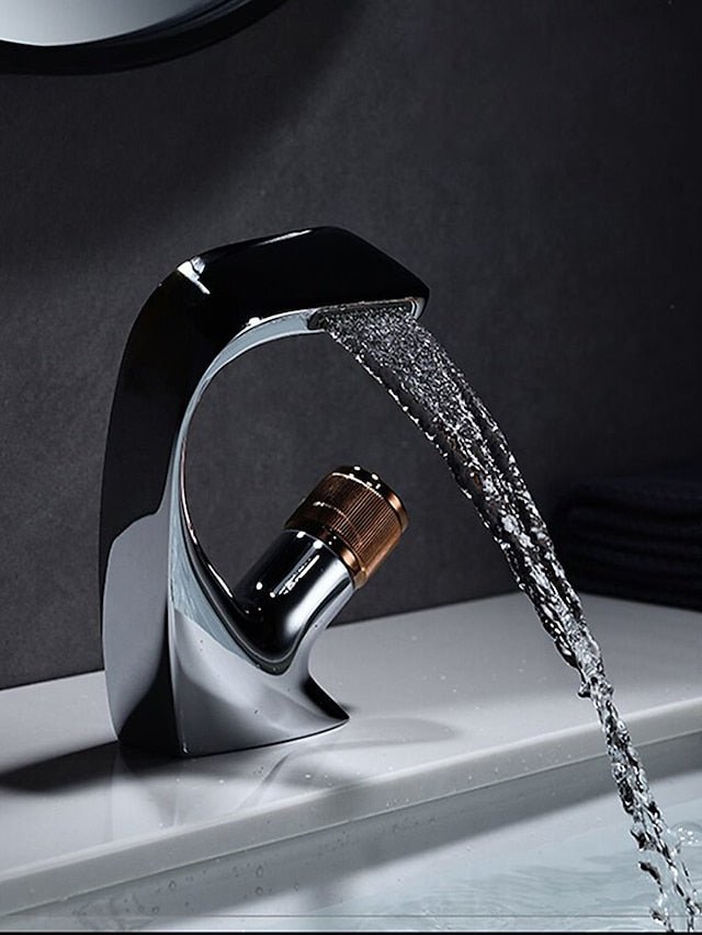 Bathroom Sink Faucet, Brass Waterfall Mixer Basin Taps Chrome Finish Single Handle One Hole Bath Tap with Hot and Cold Hose