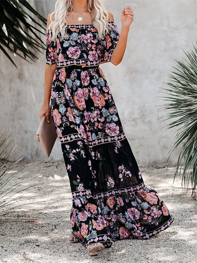 Boho Dress Beach Dress Beach Wear Long Dress Maxi Dress Ruffle Print Boho Casual Floral Off Shoulder Short Sleeve Loose Fit Outdoor Daily Black White  Spring Summer S M L XL for Women