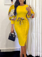 Bodycon White Dress Modern Dress Midi Dress White Yellow Red 3/4 Length Sleeve Floral Patchwork Spring Fall Autumn Crew Neck Fashion Slim  S M L XL 2XL 3XL for Women