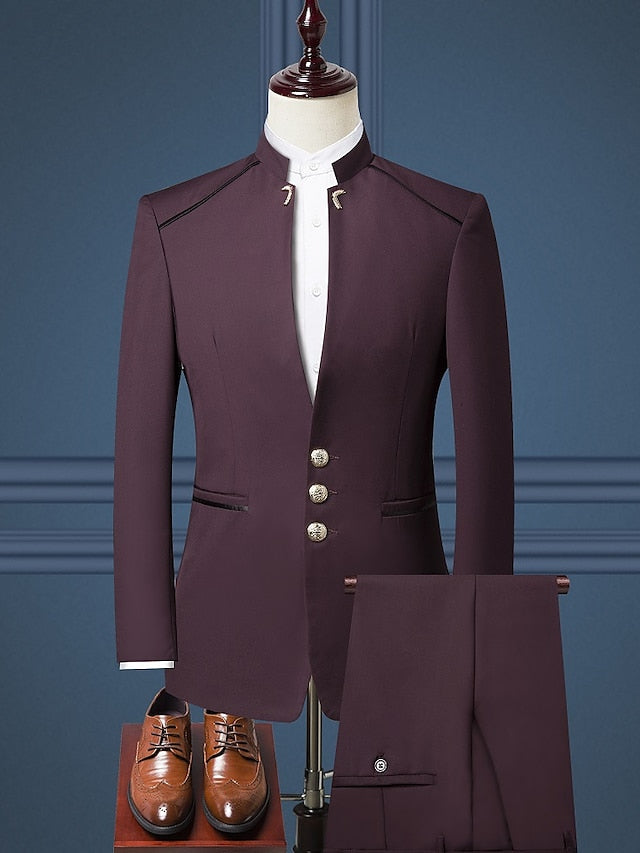 Black Burgundy Dark Blue Men's Party / Evening Ceremony Valentine's Day Suits 2 Piece Notch Solid Color Slim Fit Single Breasted Three-buttons
