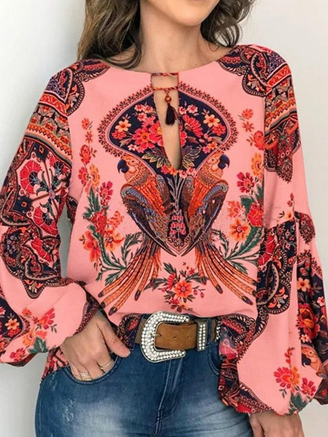 Blouse Print Flower / Floral Modern Round Neck Standard Spring, Fall, Winter, Summer Blue Pink Yellow White for Women
