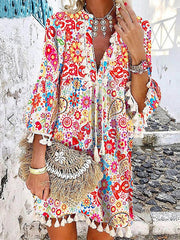 Boho Dress Mini Dress Red Blue Green 3/4 Length Sleeve Floral Tassel Fringe Summer Spring V Neck Fashion Vacation  S M L XL XXL XXXL for Women