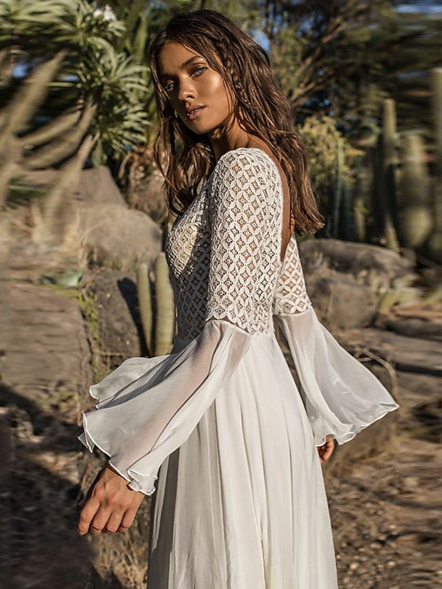 Boho Dress Cover Up Beach Wear Long Dress Maxi Dress Mesh Patchwork Fashion Modern Plain V Neck Long Sleeve Loose Fit Outdoor Daily White  Summer Spring One Size for Women