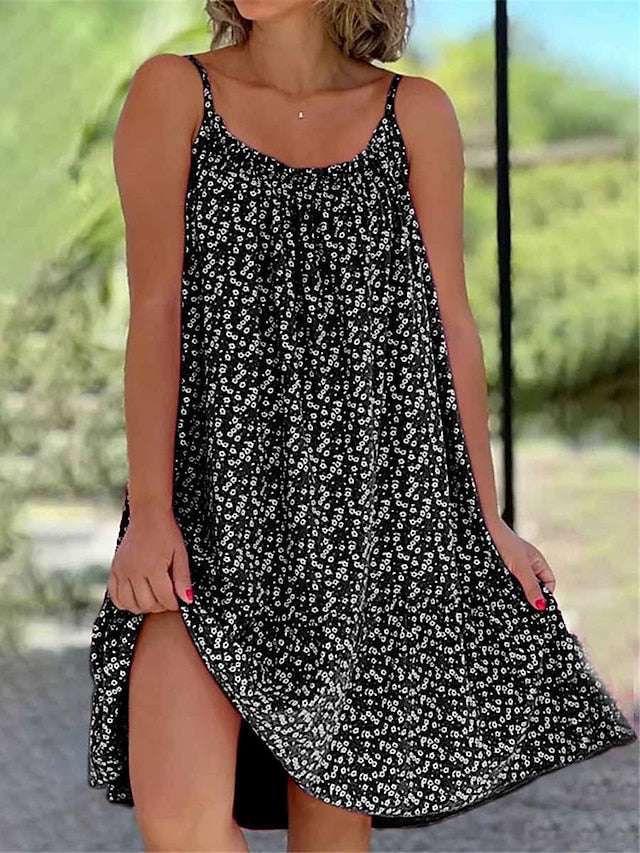 Beach Dress Beach Wear Mini Dress Print Tropical Fashion Floral Spaghetti Strap Sleeveless Loose Fit Outdoor Daily Black Yellow  Summer Spring S M L XL for Women