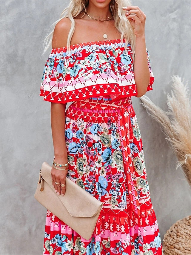 Boho Dress Beach Dress Beach Wear Long Dress Maxi Dress Ruffle Print Boho Casual Floral Off Shoulder Short Sleeve Loose Fit Outdoor Daily Black White  Spring Summer S M L XL for Women