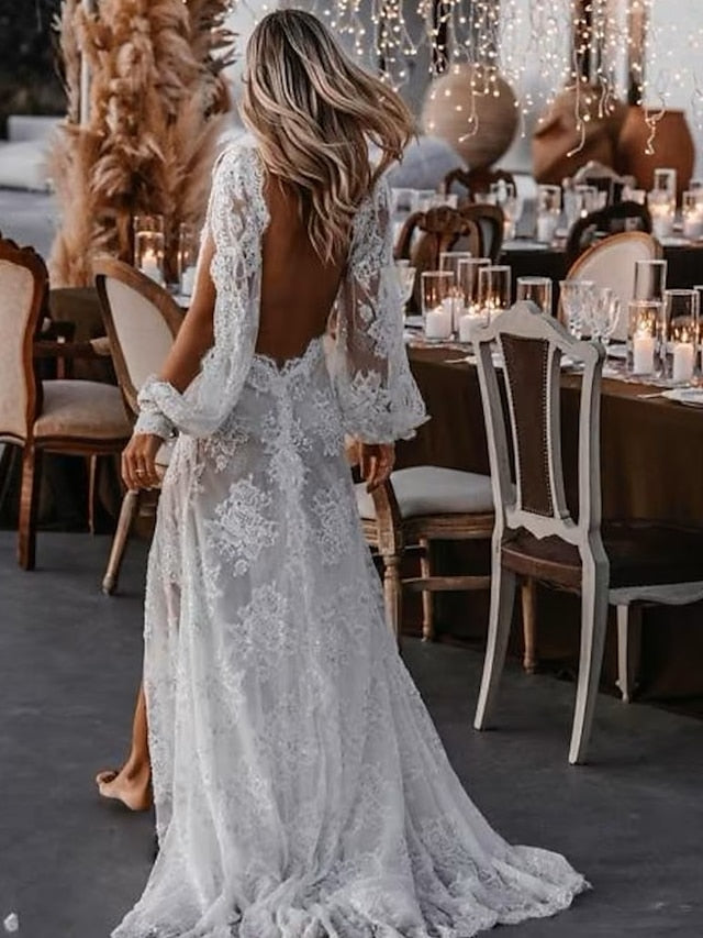 Beach Sexy Boho Wedding Dresses A-Line V Neck Long Sleeve Sweep / Brush Train Lace Bridal Gowns With Appliques Split Front 2023 Summer Wedding Party, Women's Clothing