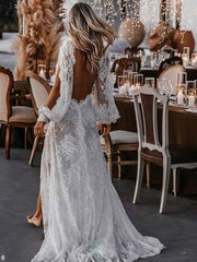 Beach Sexy Boho Wedding Dresses A-Line V Neck Long Sleeve Sweep / Brush Train Lace Bridal Gowns With Appliques Split Front 2023 Summer Wedding Party, Women's Clothing