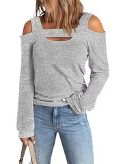 Blouse Hollow Out Plain Basic Off Shoulder Standard Spring &  Fall Black Pink Red khaki Grey for Women