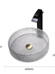 Bathroom Vessel Sink with Black Faucet, Modern Clear Tempered Glass Basin with Pop-Up Drain, Artistic Round Basin Bowl Set, Above Counter Vanity Sink