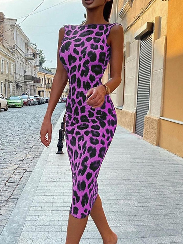 Bodycon Sheath Dress Midi Dress Yellow Red Purple Sleeveless Leopard Backless Spring Summer Crew Neck Stylish Weekend  S M L XL XXL 3XL for Women