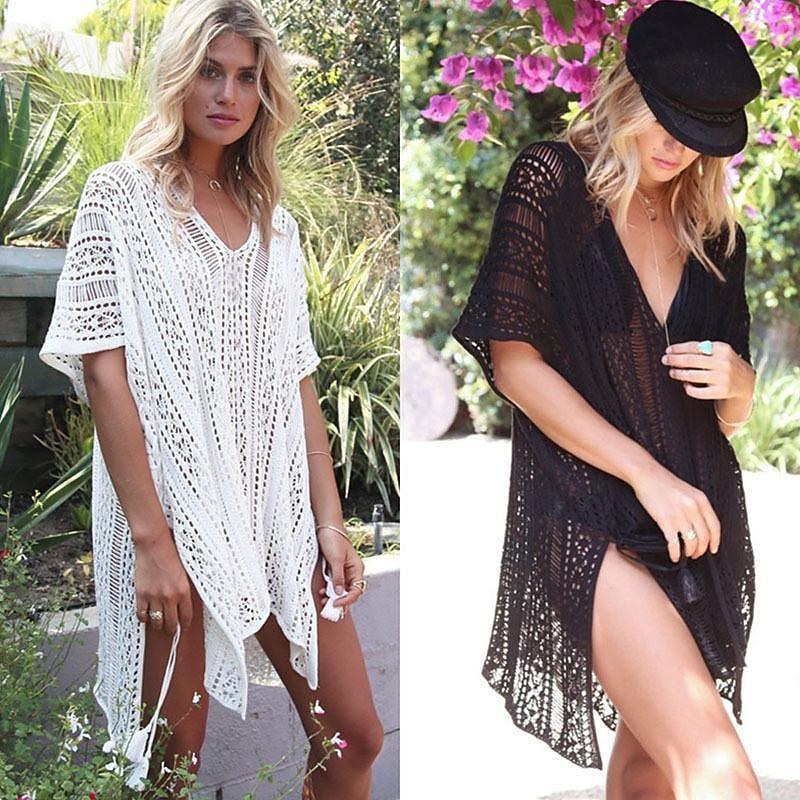 Beach Bikini Cover Up Blouse Loose Knitted Hollow Crochet Coat Women's Summer Sunscreen Swimsuit Outside