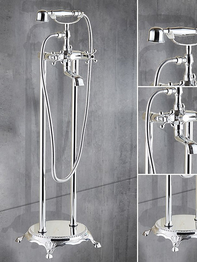 Bathtub Faucet Floor Mounted, Brass Retro Style Telephone Shape Brass Electroplated Finish Two Handles Two Holes Shower Faucet with Handshower and Drain