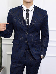 Black Dark Navy Men's Wedding Suits 3 Piece Patterned Standard Fit Single Breasted Two-buttons
