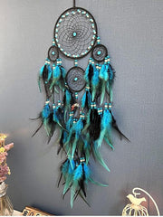 Blue Dream Catcher Handmade Gift Feather Hook Flower Wind Chime with Five Circles Ornament Wall Hanging Decor Art Boho Style 15x85cm/5.9'' x 88.4''