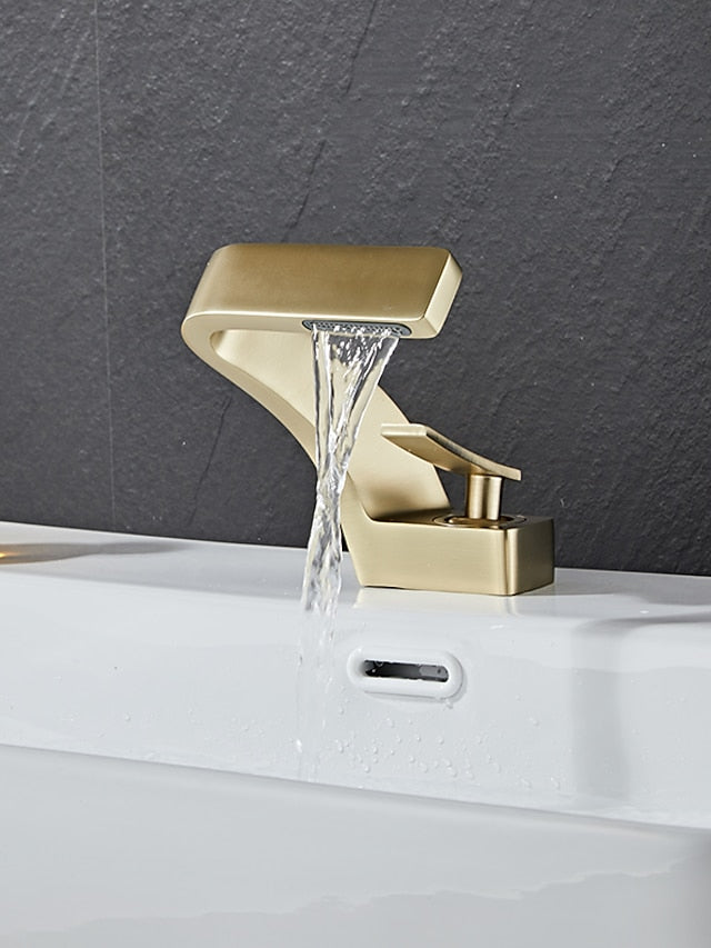 Bathroom Sink Faucet Single Handle One Hole Waterfall Mixer Basin Taps Brass, 7-shaped Bend Vessel Tap Chrome Brushed Nickel Black Gold