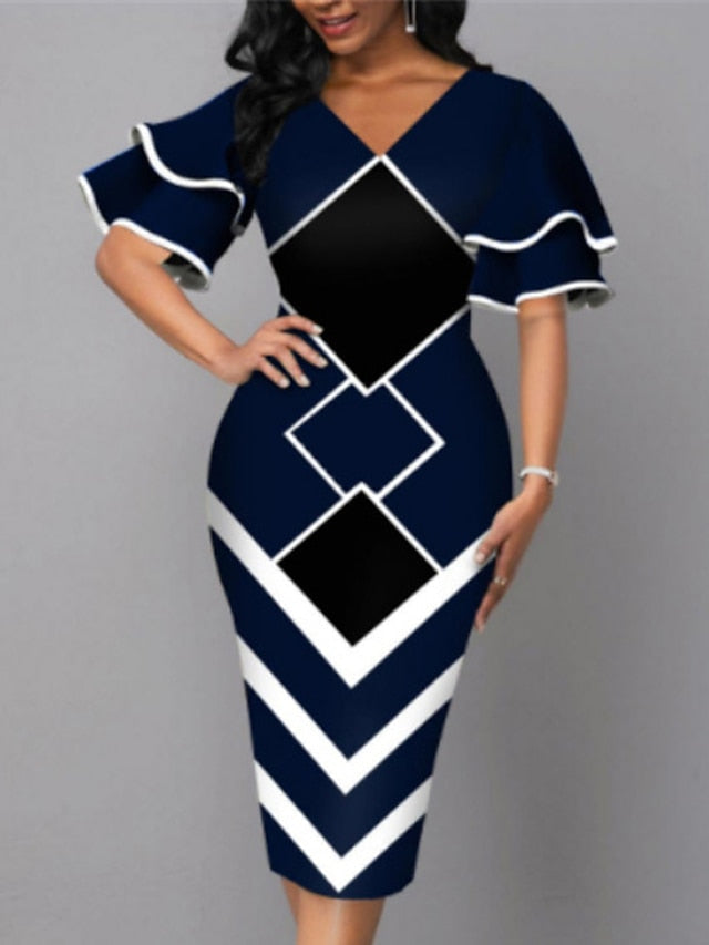 Bodycon Sheath Dress Modern Dress Midi Dress Yellow Wine Royal Blue Half Sleeve Print Ruffle Summer Spring V Neck Stylish  S M L XL XXL 3XL 4XL 5XL for Women