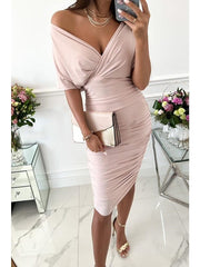 Bodycon Sheath Dress Wedding Guest Knee Length Dress Midi Dress Pink Wine Red Half Sleeve Pure Color Ruched Summer Spring V Neck Stylish Wedding Guest Loose Fit  S M L XL 2XL for Women