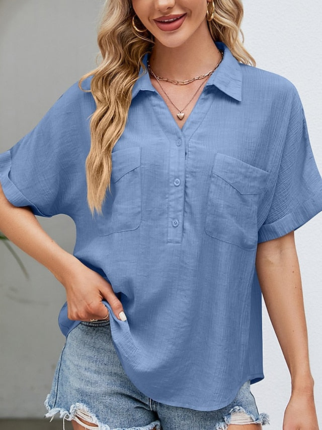 Blouse Pocket Loose Solid / Plain Color Basic Shirt Collar Roll Sleeves Summer Black White Pink Sky Blue for Women