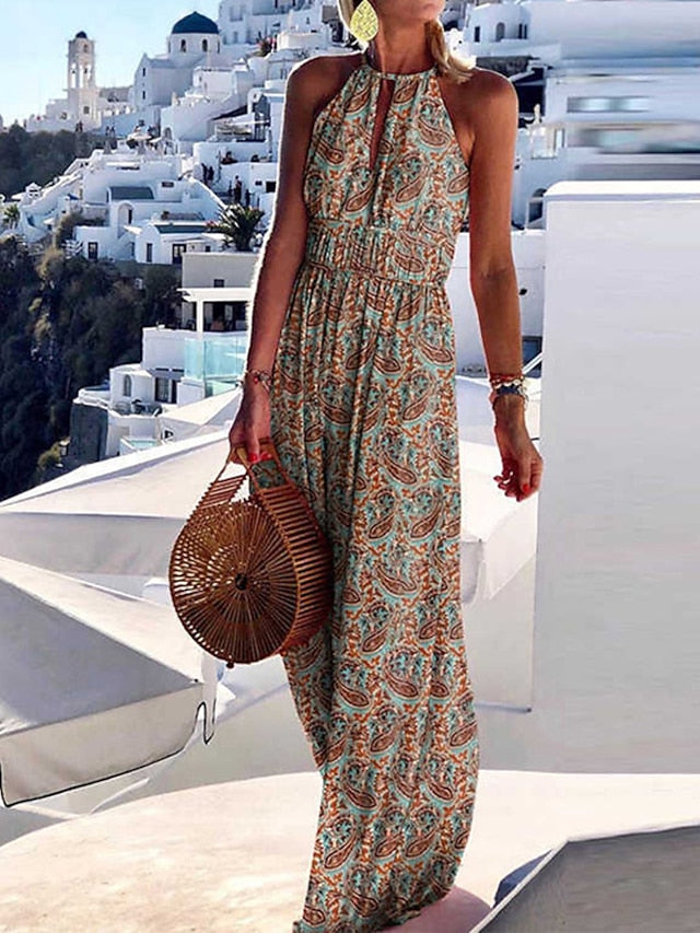 Boho Dress Long Dress Maxi Dress Halterneck Dress Green Blue Khaki Sleeveless Floral Cut Out Spring Summer High Neck  S M L XL for Women