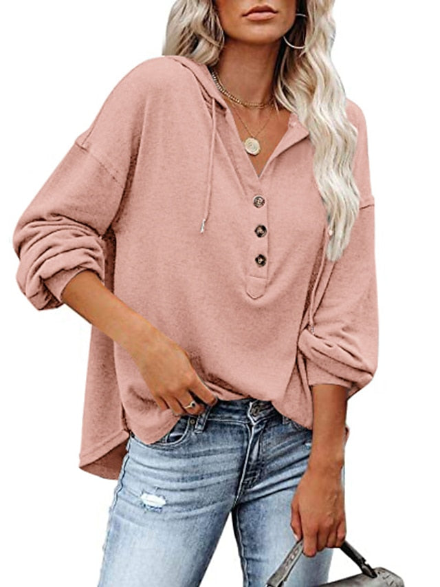 Blouse Drawstring Hooded Plain Simple Basic Daily Hooded Regular Spring &  Fall Green Pink Red Beige Grey for Women