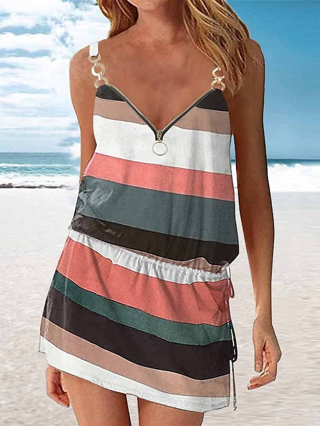 Beach Dress Beach Wear Mini Dress Zipper Print Tropical Fashion Floral Spaghetti Strap Sleeveless Regular Fit Outdoor Daily Black And White White  Summer Spring S M L XL for Women