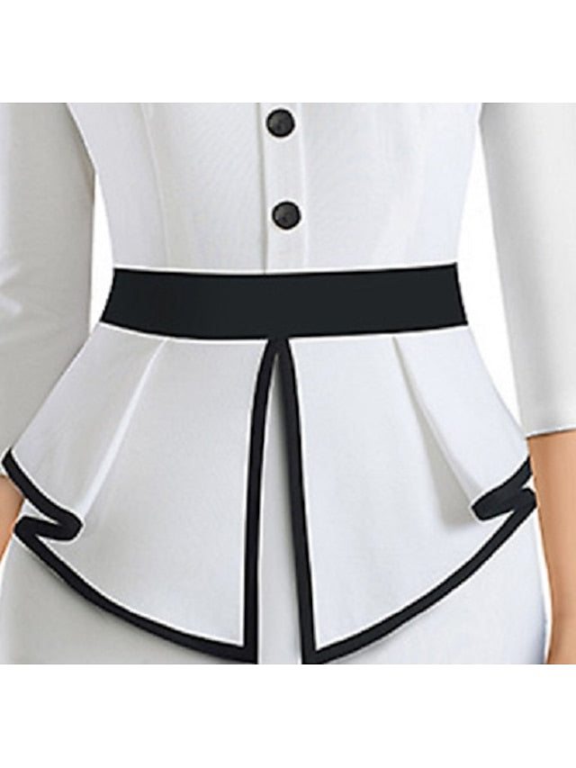 Blazer Dress A Line Dress Church Dress Midi Dress Black White 3/4 Length Sleeve Striped Ruched Fall Winter Autumn Shirt Collar Work Slim  S M L XL XXL for Women