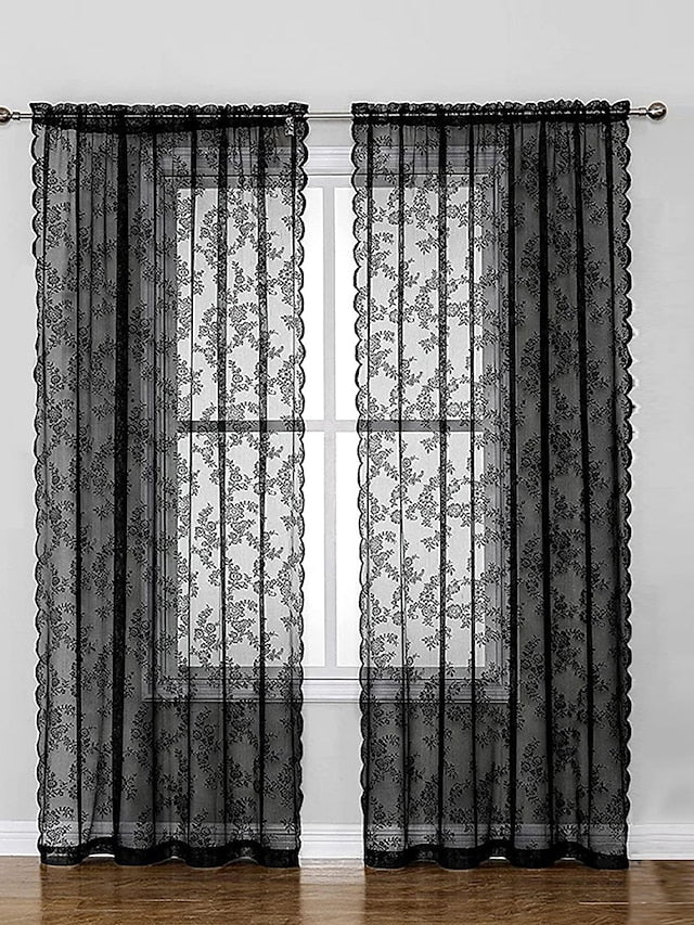 Black Sheer Curtain Lace Panels Grommet/Eyelet Curtain Drapes For Living Room Bedroom, Farmhouse Curtain for Kitchen Balcony Door Window Treatments Room Darkening