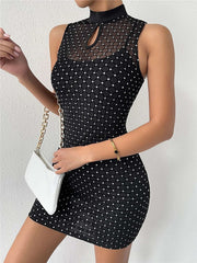 Bodycon Sheath Dress Black Dress Mini Dress Black Sleeveless Polka Dot Mesh Spring Summer Stand Collar Elegant Slim  XS S M L for Women