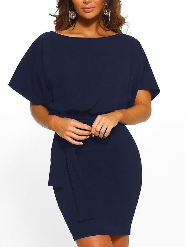 Belted Round Neck Short Sleeve Wrap Dress for Women