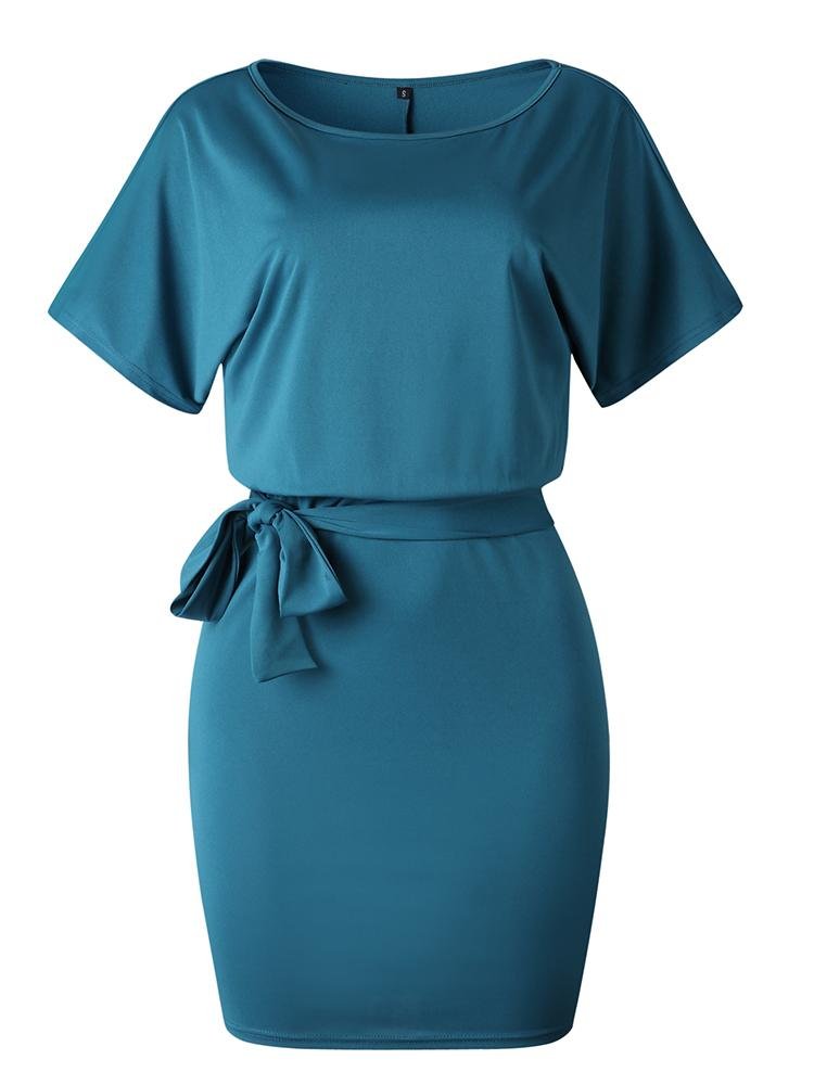 Belted Round Neck Short Sleeve Wrap Dress for Women