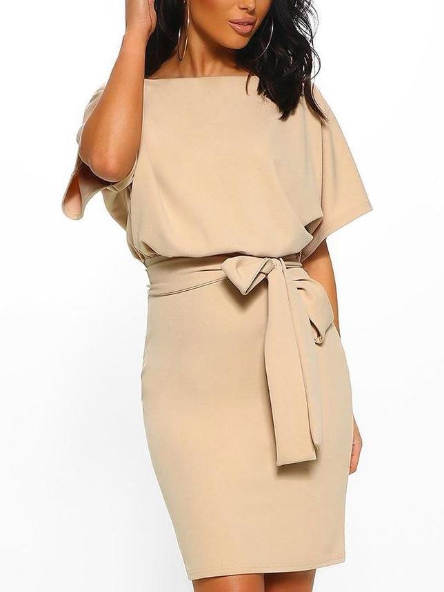 Belted Round Neck Short Sleeve Wrap Dress for Women