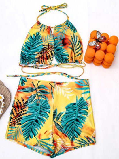 Bikinis Leaf Print Hanging Neck Two-Piece Swimsuit for Women