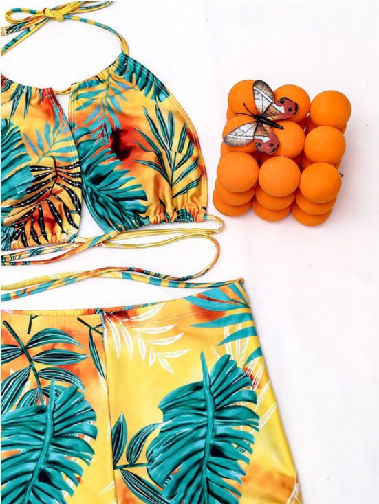 Bikinis Leaf Print Hanging Neck Two-Piece Swimsuit for Women