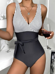 Bikinis Striped Print V-Neck Belted One-Piece Swimsuit for Women