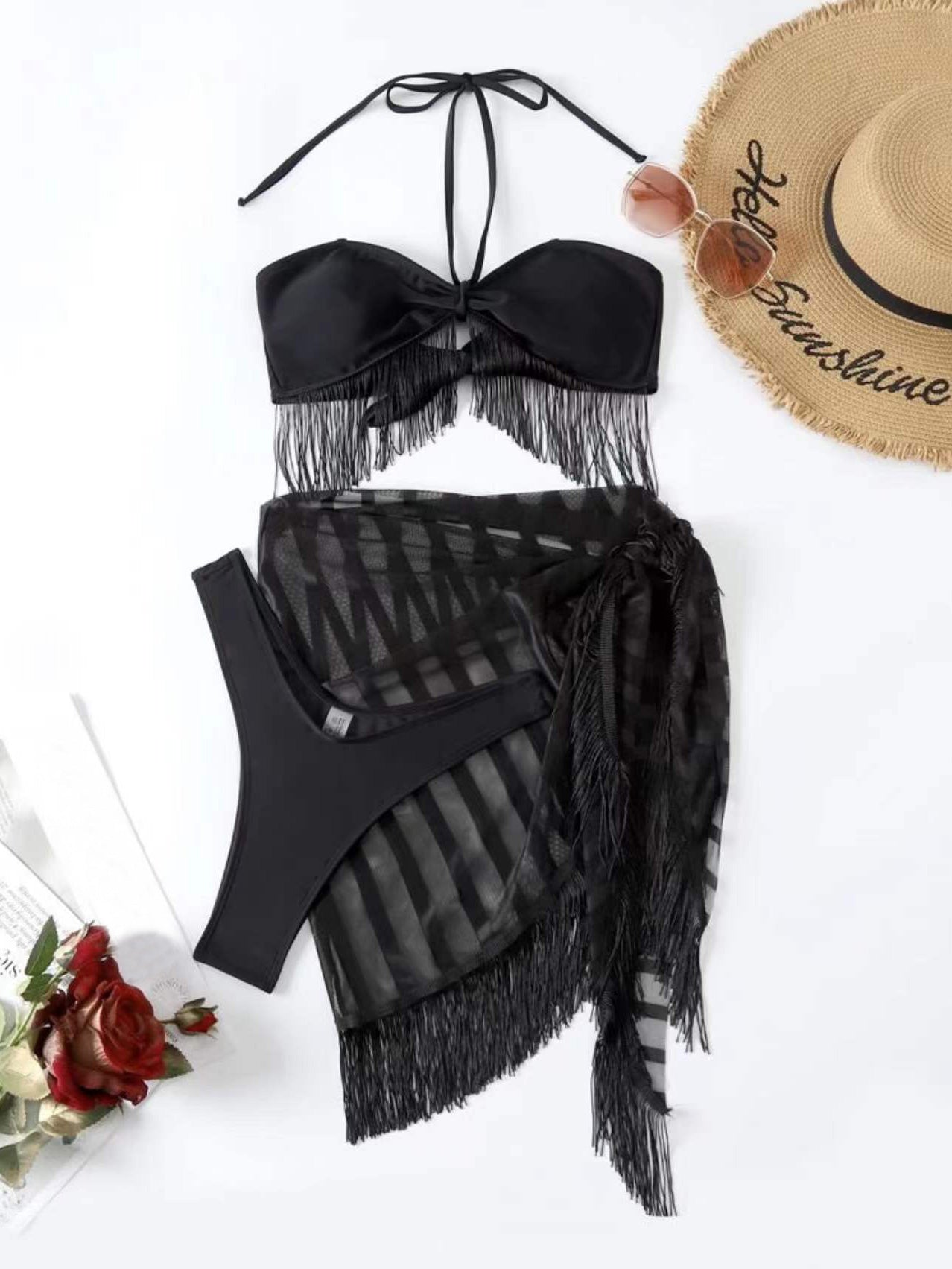 Bikinis Three-Piece Fringed Strapless Mesh Swimsuit Bikini for Women