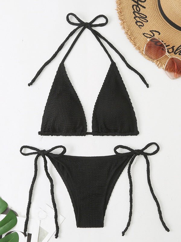 Bikinis Wavy Hanging Neck Belted Swimsuit Bikini for Women